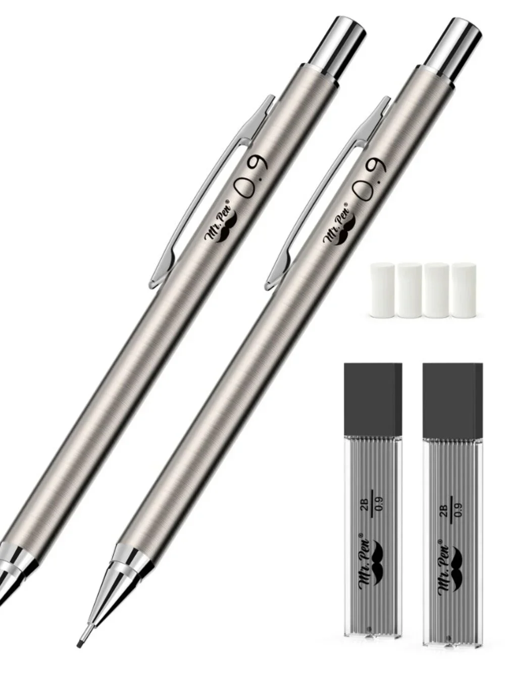 Mr. Pen- Metal Mechanical Pencil Set with Lead Refills & Erasers, 2 Pack | 0.9mm
